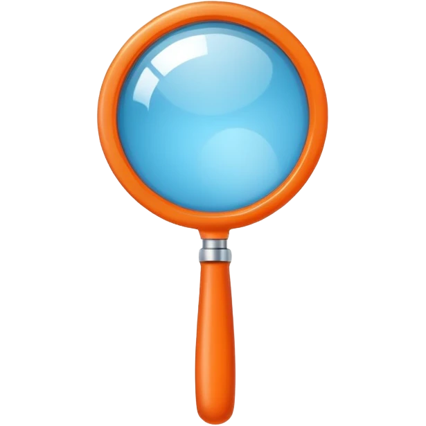 A stylized blue magnifying glass tilted right, flat design, minimalist, vibrant orange handle, white circular background, high resolution, 2048x2048 pixels, vector art, clean lines emoji