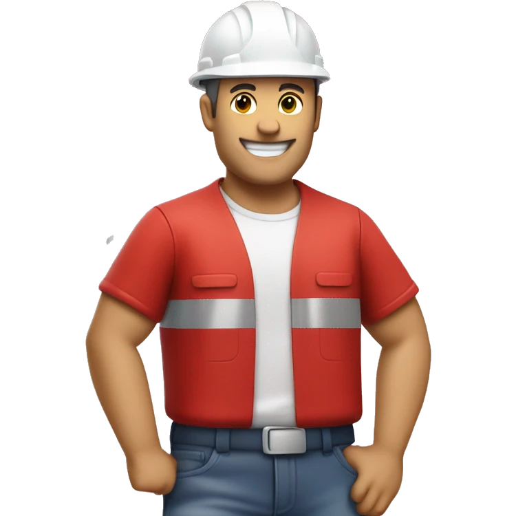 full body worker with white hard hat and red t-shirt celebrating, confetti emoji