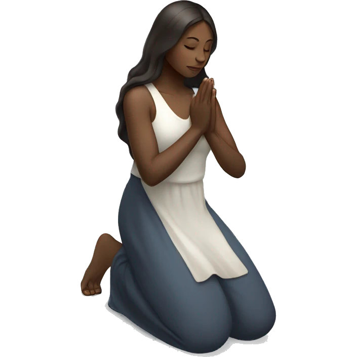 A woman kneeling praying, in a long dress, long dark brown hair with white skin emoji