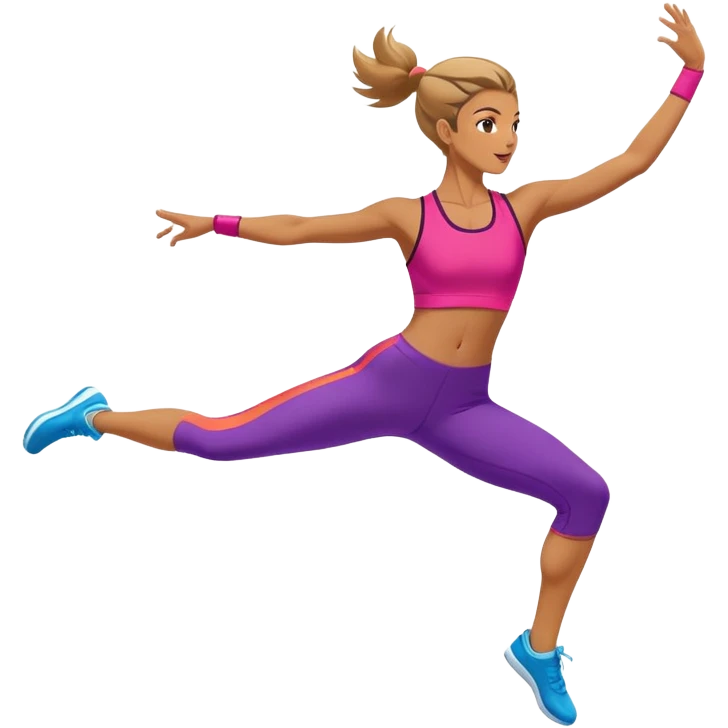 A professional performing a dynamic aerobic routine, dressed in a vibrant workout outfit. The gymnast is mid-jump, arms extended gracefully, with one leg lifted in a high kick. The background features a spacious fitness studio with mirrors, colorful mats, and energetic lighting.  emoji
