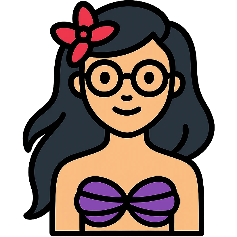 Upper body of Ariel, the Little Mermaid, with black hair and thin round Miu Miu glasses emoji