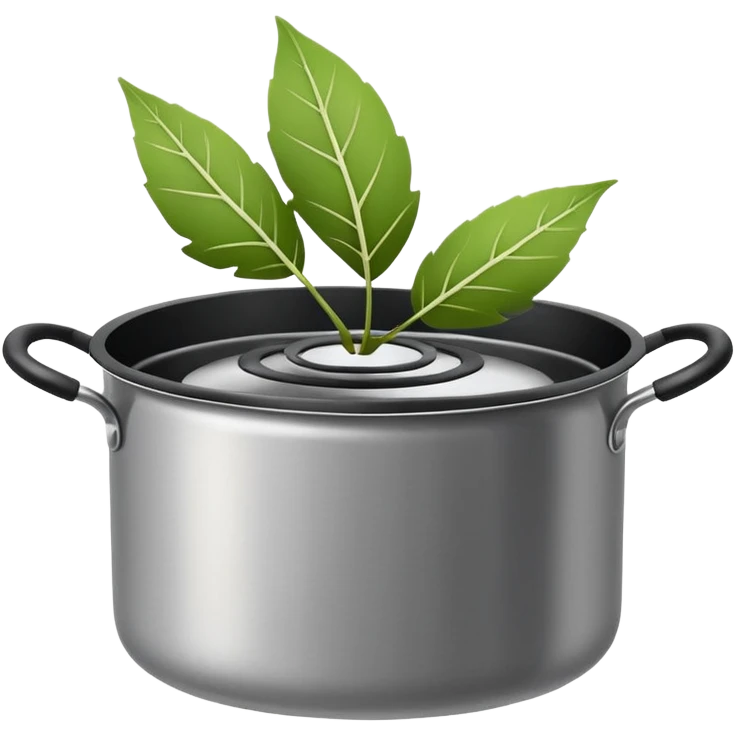 Minimalistic flat vector icon, iOS style, thin black contour on white background. Leaf inside a cooking pot. Clean, no text, no shadows.
 emoji