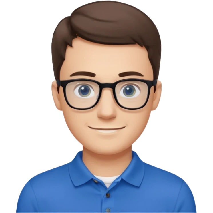 Young white man, late 20s, short brown hair, blue eyes, clean-shaven, thin black rectangular glasses, slim build, wearing a blue polo shirt, friendly and energetic look. emoji