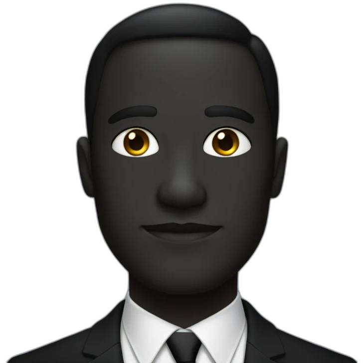 Man with cobalt black skin wearing a black formal suit with a black tie, co emoji