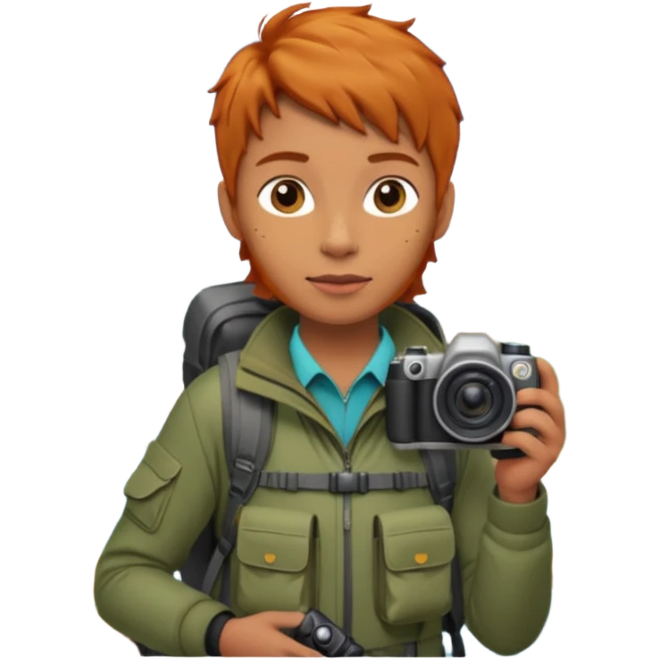 
wildlife photographer, trekking clothes, ginger hair emoji
