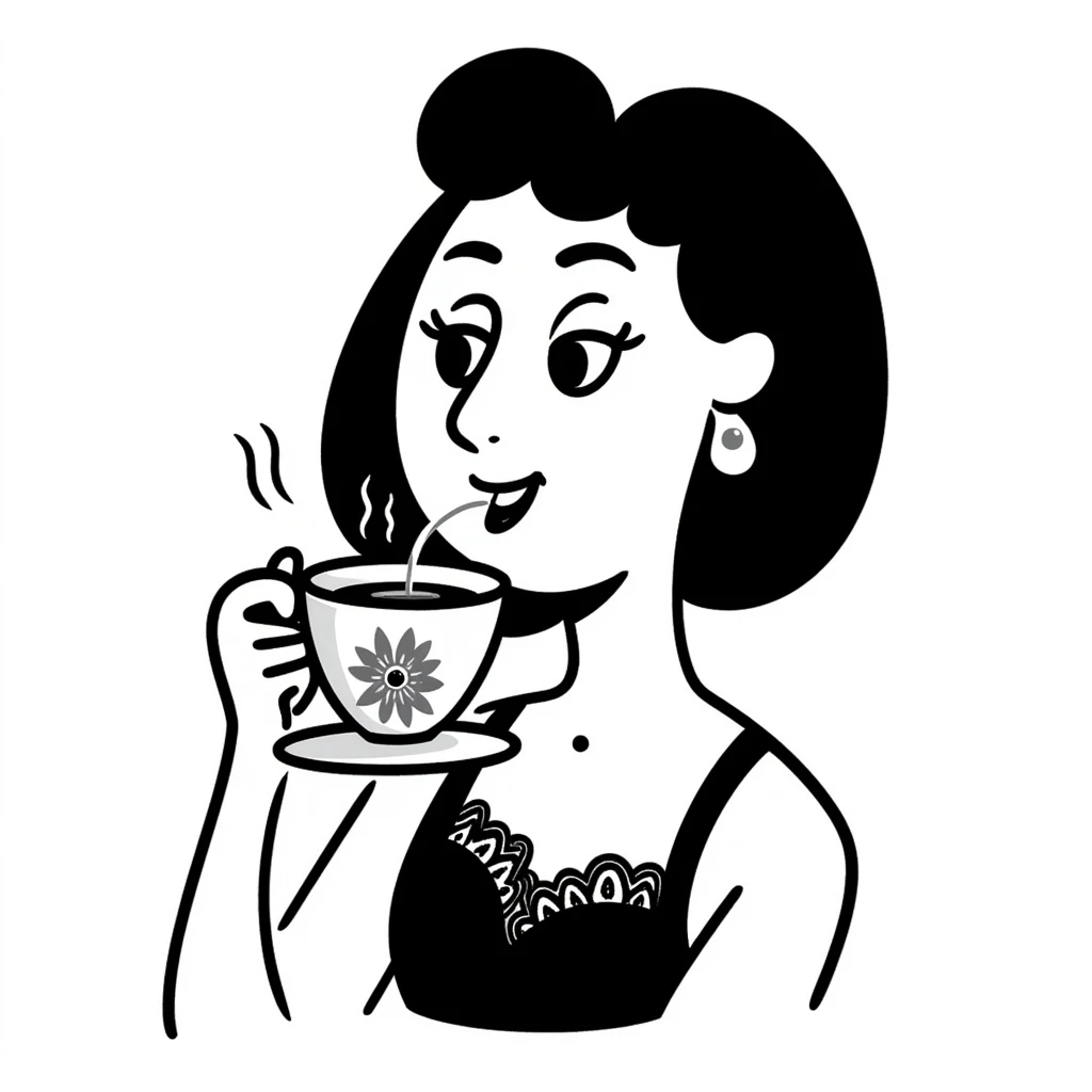 woman giving side eye while sipping hot tea with her pinky up, hand-drawn doodle style emoji