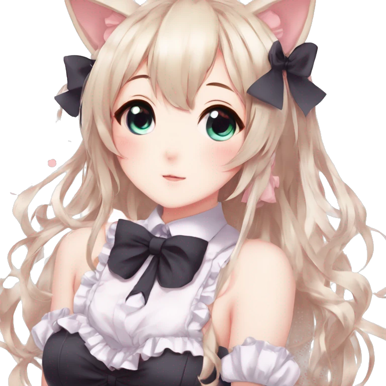 Gorgeous anime style catgirl with blushing face with maid outfit bow tie idol model kawaiicore pearly petite simplistic aesthetic trending style emoji