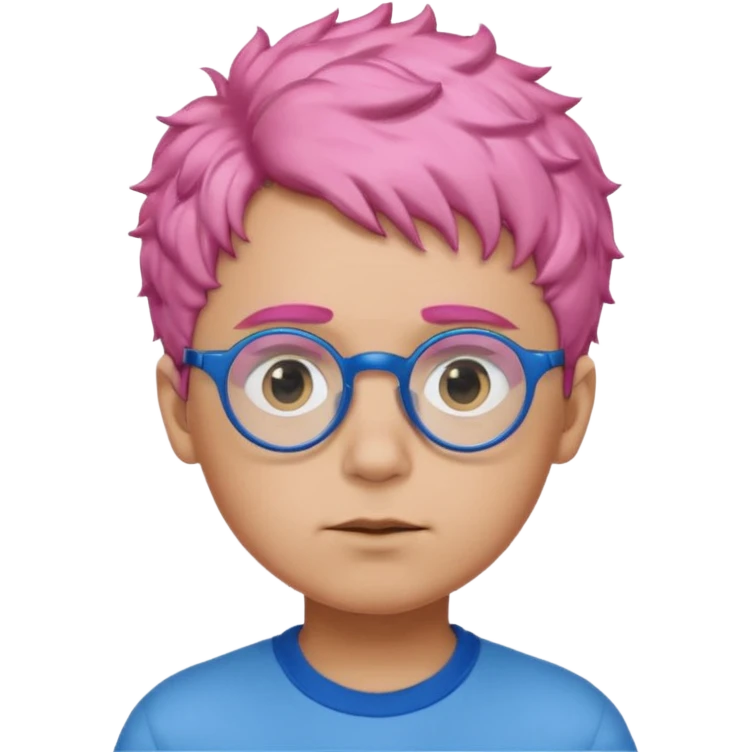 boy with short, curly pink hair, matching blue eyebrows, light brown skin, round black glasses, and a neutral facial expression. emoji