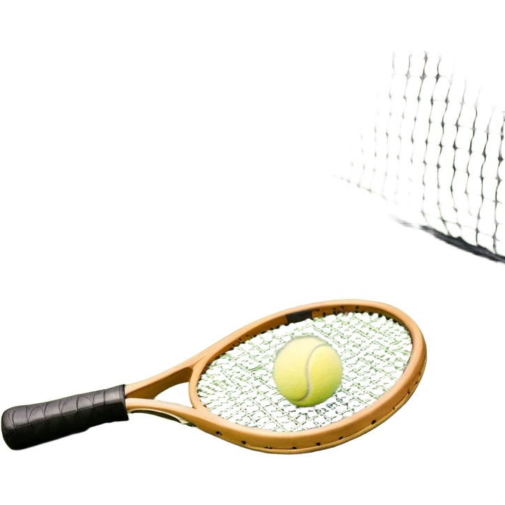 A tennis racket resting on the green grass of a tennis court, with a tennis ball placed nearby and the net stretching across the court. The background captures the fresh, open atmosphere of a traditional grass court, emphasizing the elegance and precision of the sport. emoji