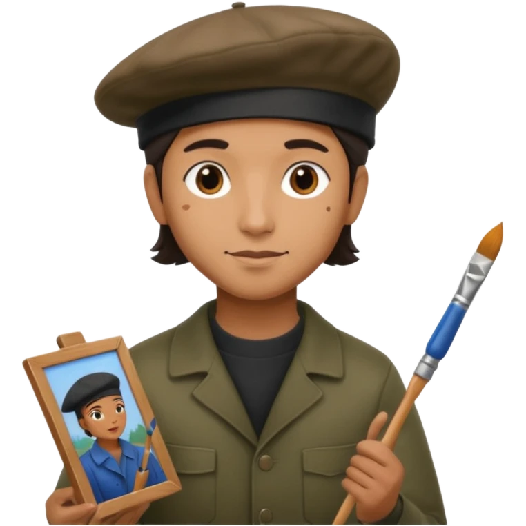 the artist stands with his back to the painting, painting a portrait emoji