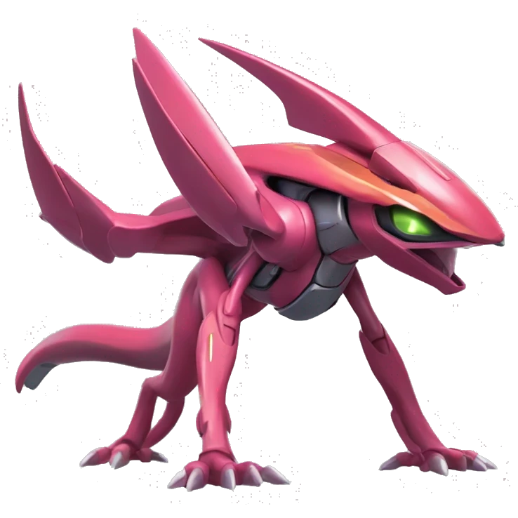 a shiny Genesect-Flygon-Raptor-Fakémon—hybrid with a futuristic visor-helmet full body emoji