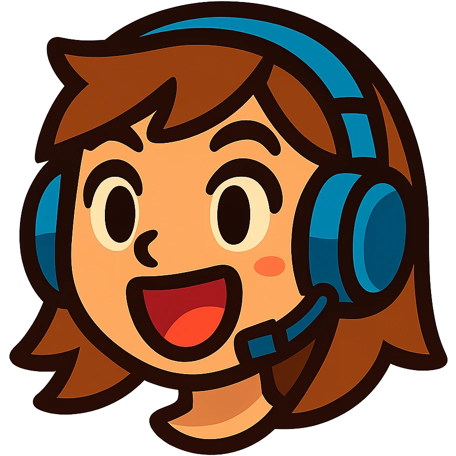 brown-haired gamer girl, excited expression, headphones, head only, emote emoji