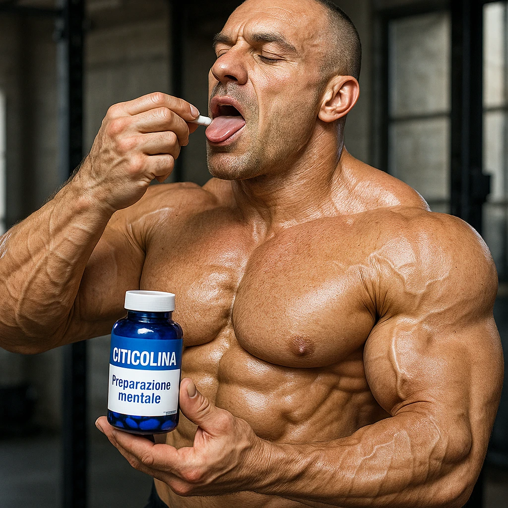 hyper realistic bodybuilder taking Citicolina before workout, well visible muscles, blue bottle, text 'Preparazione mentale', sporty atmosphere, realistic details emoji