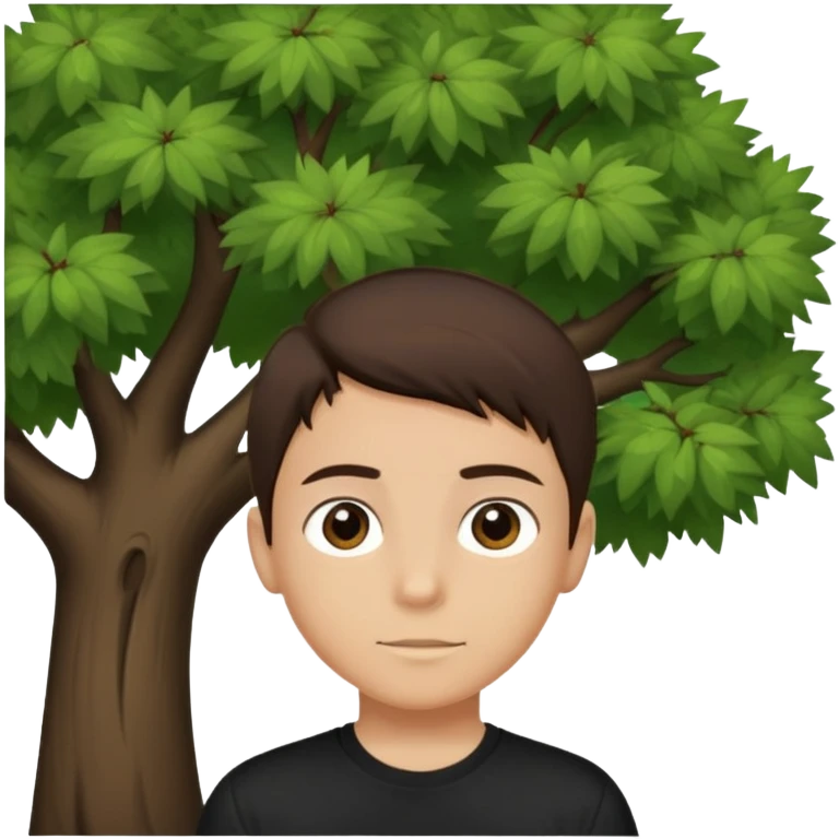 boy with straight short brunette hair brown eyes black tshirt on and tree behind emoji