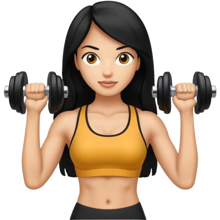 mujer fit con pelo negro largo y sosteniendo 2 mancuernas emoji
