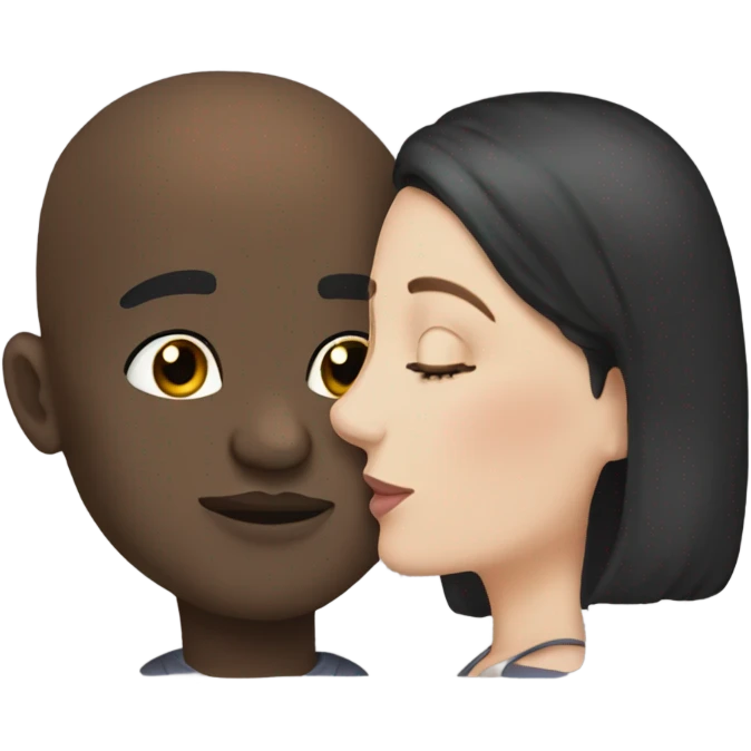 White girl dark hair kissing bald black man emoji