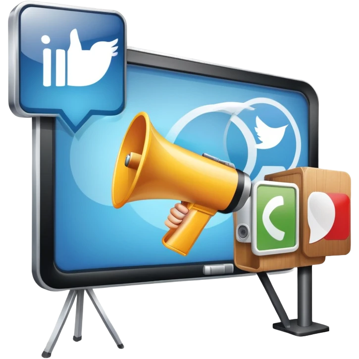 An icon featuring a megaphone, a billboard, and social media icons, symbolizing advertising and public relations. The design includes a press release and a rising graph, representing brand promotion and communication strategies. Transparent background highlights media influence and outreach. emoji