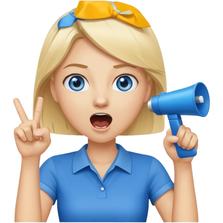 blue eyes blonde girl yelling into megaphone and holding up 1 finger in the other hand siling emoji
