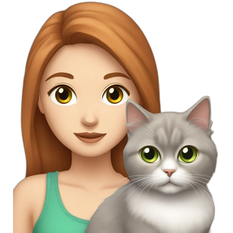 white girl with chestnut wawy hair and grey eyes, who hold a persian cat with green eyes emoji