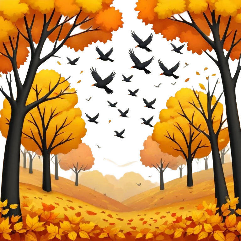 a flock of birds flying above trees with orange and yellow leaves, autumn scene emoji