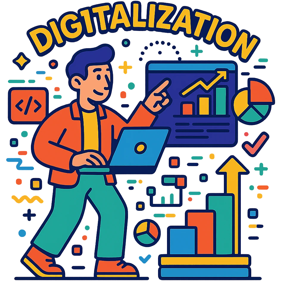 digitalization with colorful data and tech motifs in vibrant toon style emoji