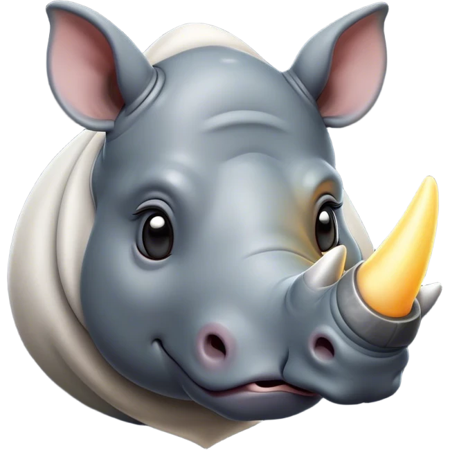 Cinematic Cute Rhinoceros Portrait Emoji, Head tilted playfully and inquisitively, featuring a rugged, glossy slate-gray hide with a gentle, rounded white horn and round, sparkling eyes filled with curious wonder, Simplified yet irresistibly adorable features, highly detailed, glowing with a warm, friendly glow, high shine, affectionate and mighty, stylized with a touch of ancient charm, bright and endearing, soft glowing outline, capturing the essence of a mischievous yet loving rhinoceros, so playful it feels like it could stomp out of the screen and into your arms! emoji