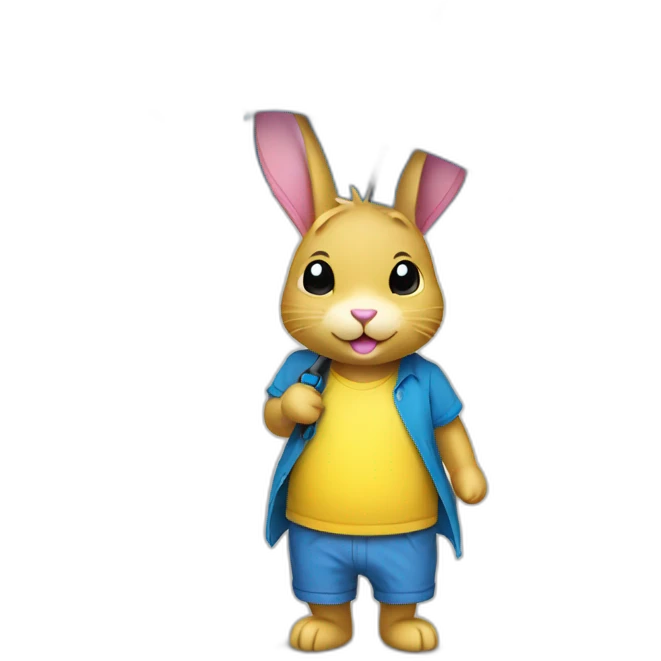 Pink rabbit wearing yellow tee shirt holding blue umbrella emoji