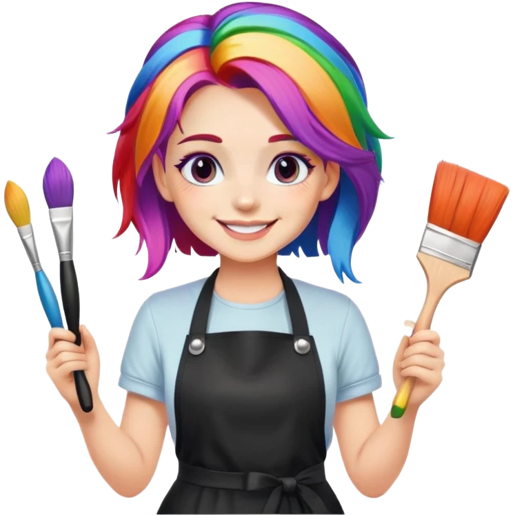 artist-girl with rainbow hair and brushes in black apron smiling emoji