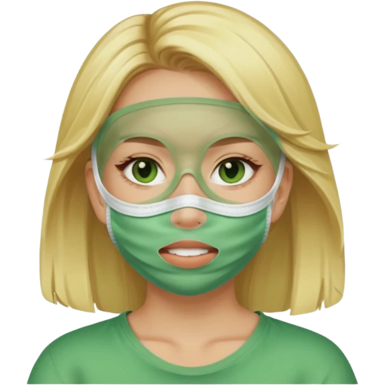 بدي بنت حاطه ماسك لونه اخضر وبدي يكون لون شعرها اشقر بليزز وممكن احطه بالكيبوردد!؟؟ 🤍🥹 emoji