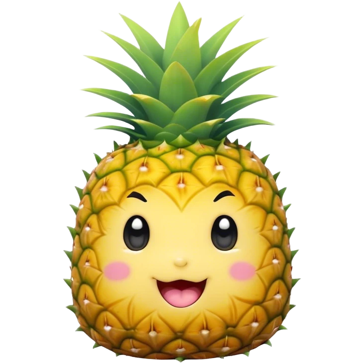 Cute Kawaii Pineapple, tiny and round, bright golden yellow with a spiky green top, chubby cheeks, playful winking expression, soft pastel textures, sweet and tropical vibes! emoji