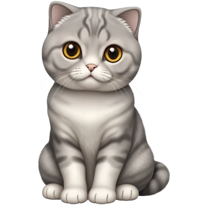 Cinematic-Scottish-Fold-Cat-Realistic-Full-Body-Sitting-Emoji – Tail curled playfully around its paws, head tilted dramatically, thick and plush solid-grey fur, signature folded ears resting gently against its round head, simplified yet realistic focused features, highly detailed, glowing with an almost sarcastic glow, deep amber eyes radiating quiet wisdom and charm. emoji