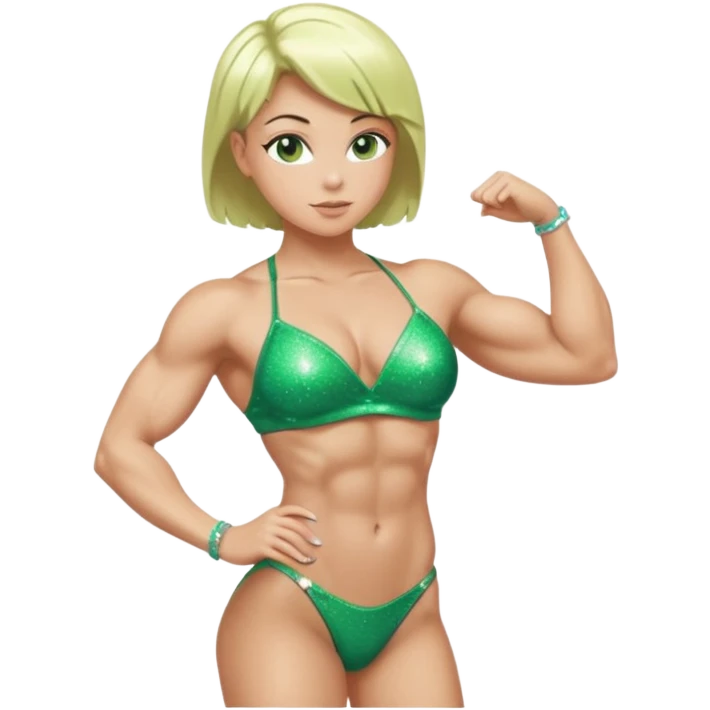 Bodybuilder woman with sparkly green bikini and short light blonde hair in a bodybuilding side pose emoji
