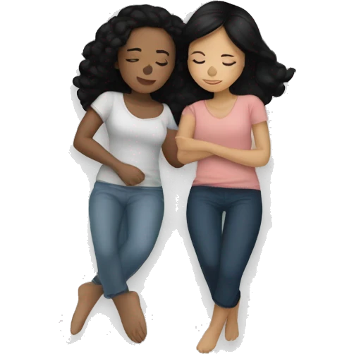 Two girls one with tan skin black hair one with white skin black hair cuddling in a bed together  emoji