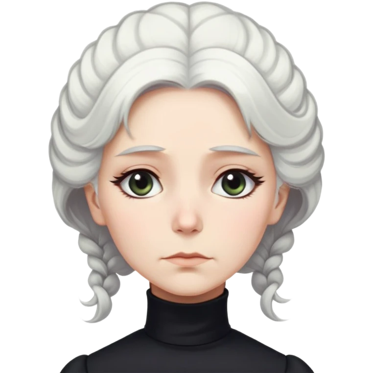 A Victorian woman with elegant coiffed white hair and light eyes wearing a modest black turtleneck mourning dress without jewelry looking down with a forlorn expression emoji