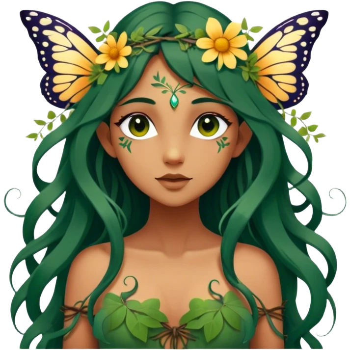 Cinematic Realistic Forest Nymph Fairy Portrait, depicted with lifelike, sun-kissed tanned skin that radiates an earthy glow, softly illuminated by natural, dappled light. Her long, flowing dark green hair is intricately detailed and interwoven with delicate vines and wildflowers, while her deep, soulful eyes mirror the wisdom of the forest. Dressed in an attire inspired by nature’s palette—with subtle botanical motifs—the portrait exudes a soft, enchanted glow that melds realism with woodland magic showing her large butterfly wings. emoji