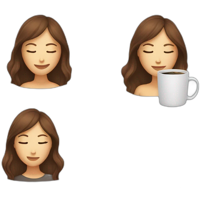 woman with brown hair and pale sking peeking from behind a laptop with eyes closed and a coffee mug in front of the laptopt emoji