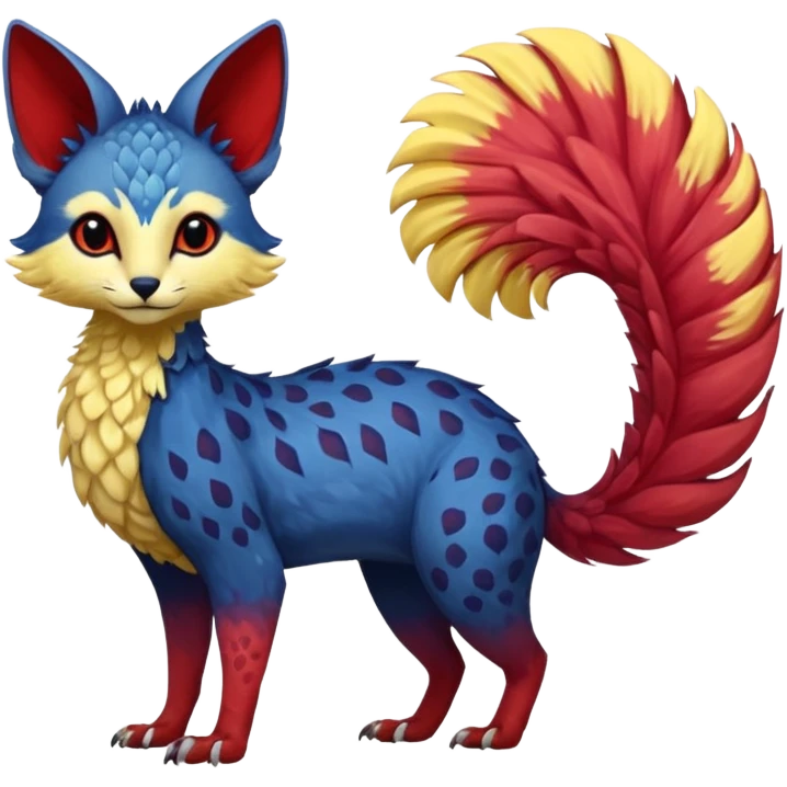 Feral Rare Fantasy vibrant tropical red and indigo and lemon-colored Vernid-Trico-species-creature by LiLaiRa, random markings, tufted tail, tufted ears, full body emoji