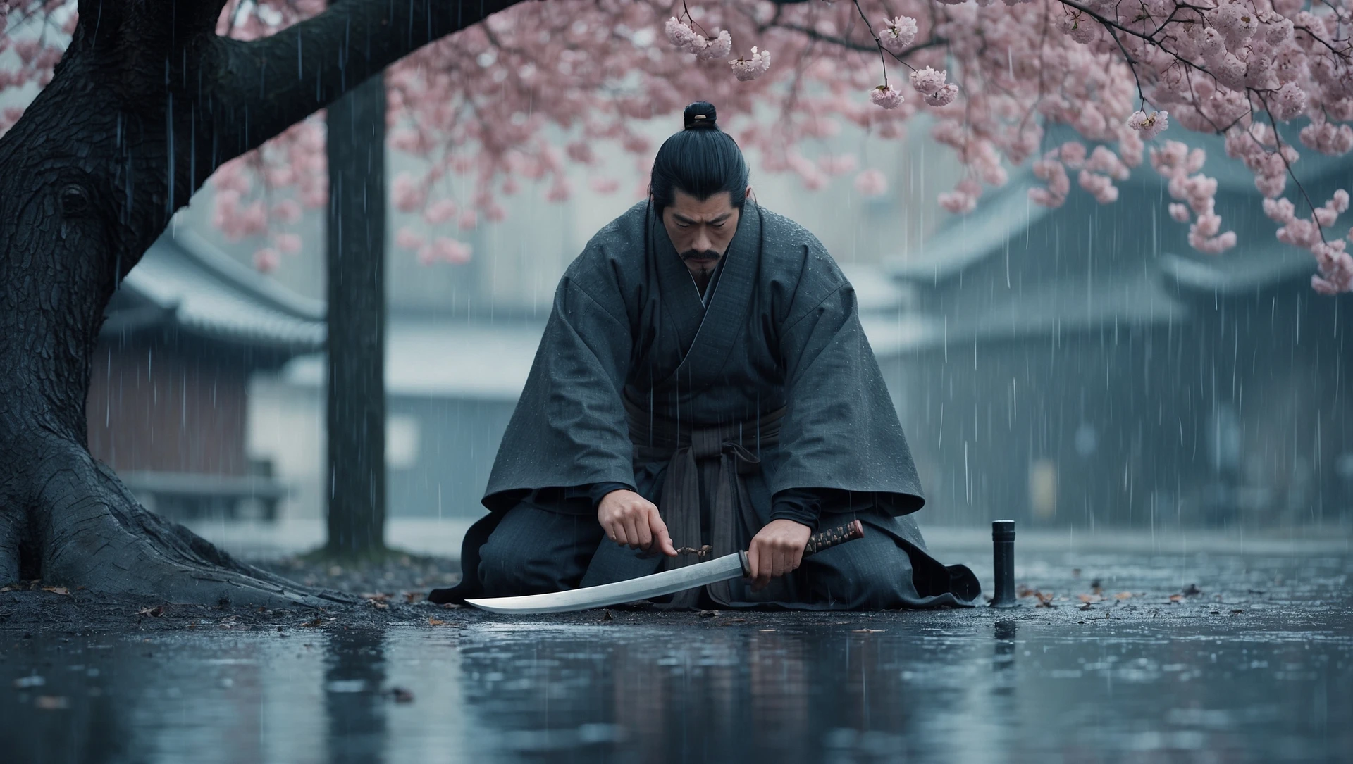 A cinematic scene from 1185, motion blur, wide shot of Kenji sharpening his blade under a cherry tree, rain falls, symmetrical, gray-blue palette, tense, Arri Alexa, Wes Anderson. emoji