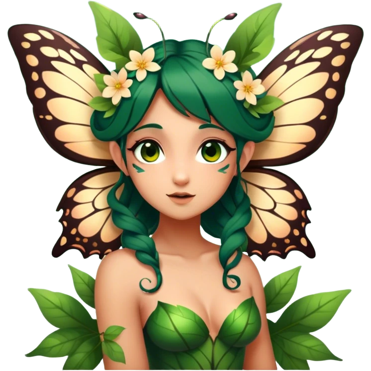 Cinematic Realistic Forest Nymph Fairy Portrait, head tilted playfully and inquisitively, showcasing a nature-inspired form with intricately detailed, sunlit tanned skin and cascading dark green hair interlaced with leaves and blossoms showing her large butterfly wings from her back. Her bright, curious eyes sparkle with forest mischief, rendered with lifelike clarity and warm, dappled lighting that captures the spirit of an enchanting woodland fairy ready to dance among the trees. emoji