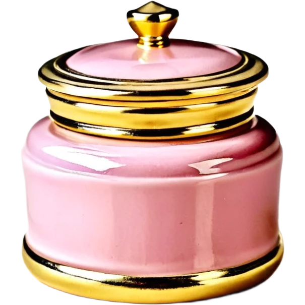 Una miniatura fotorrealista de un tarro de mantequilla corporal elegante, con una tapa dorada brillante. Una sola moneda de oro, pequeña y sutil, reposa al lado del tarro. Iluminación suave de estudio. Colores: rosa, terracota y dorado. Estilo: lujo en miniatura. emoji