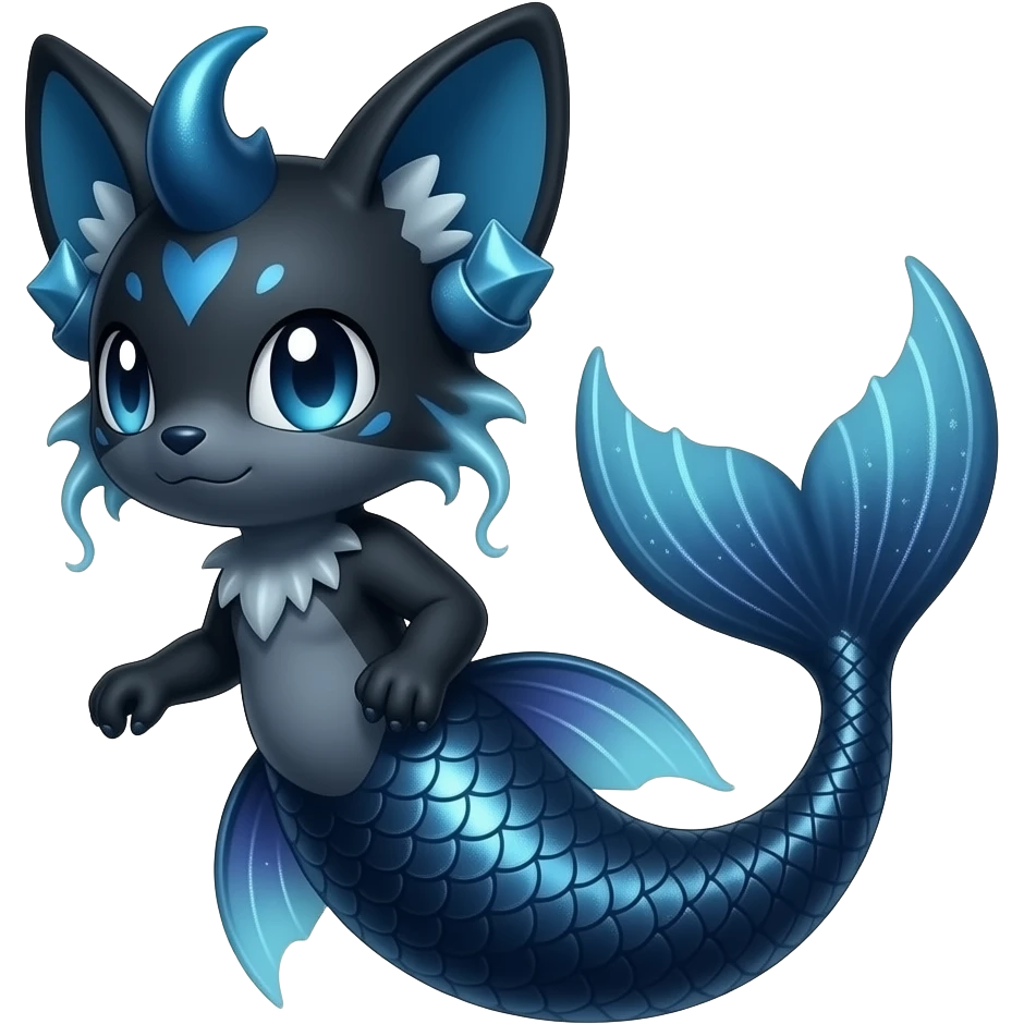 Epic complex abyssal fantasy swampy glorious detailed dark dusky gloomy deep gothic gloomy cobalt-blue-abyss-blue-black-greyish, realistic Fakémon-Sprigatito-Floragato-Meowscarada-Vaporeon-Salandit-Trico-Sergal-Serval-Vernid-creature (full body) with mermaid-ears, tail fin, shiny sparkly, iridescent emoji