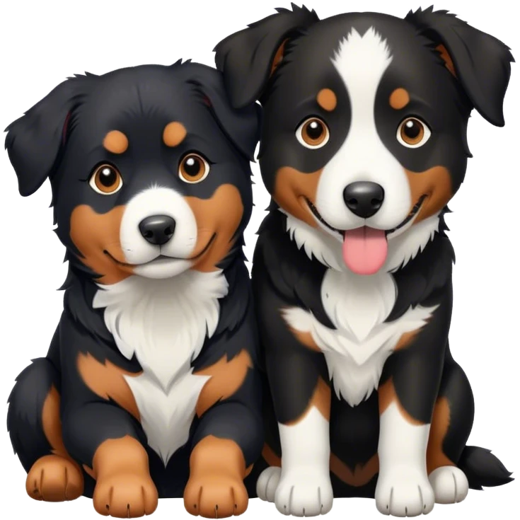 A black Rottweiler and black and white Border Collie snuggling together. emoji