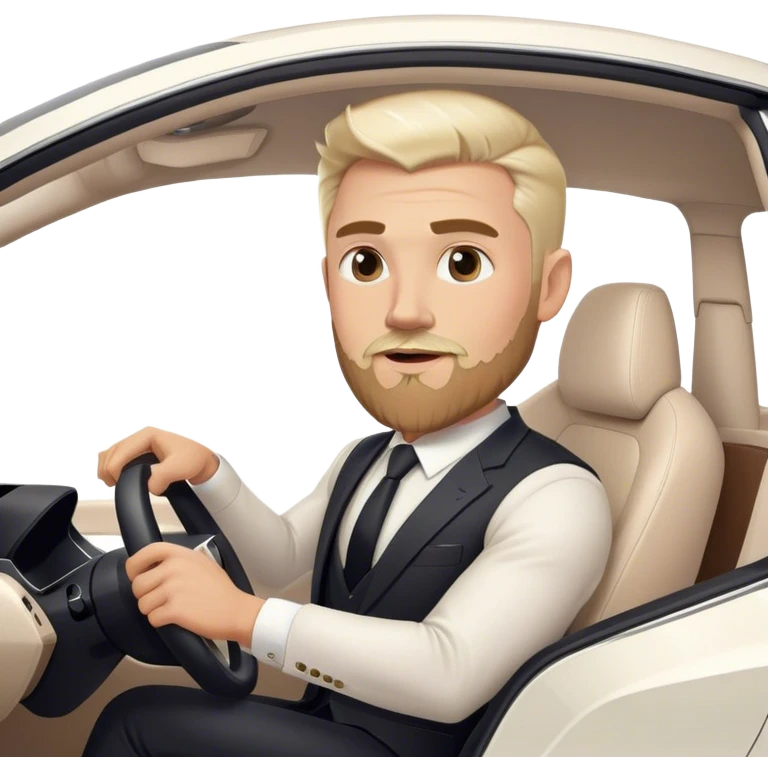 white blonde businessman with beard driving white tesla emoji