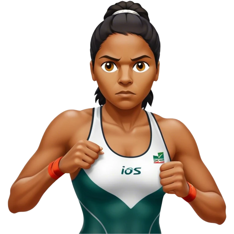 Cinematic Realistic portrait of Cathy Freeman, shown as an iconic Australian athlete with a focused, determined expression and modern athletic attire accented with subtle native motifs, rendered in dynamic, vibrant lighting emoji