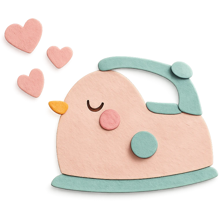 cute bird-shaped electric iron, puffing steam hearts, blushing, soft pastel pink, full-body emoji