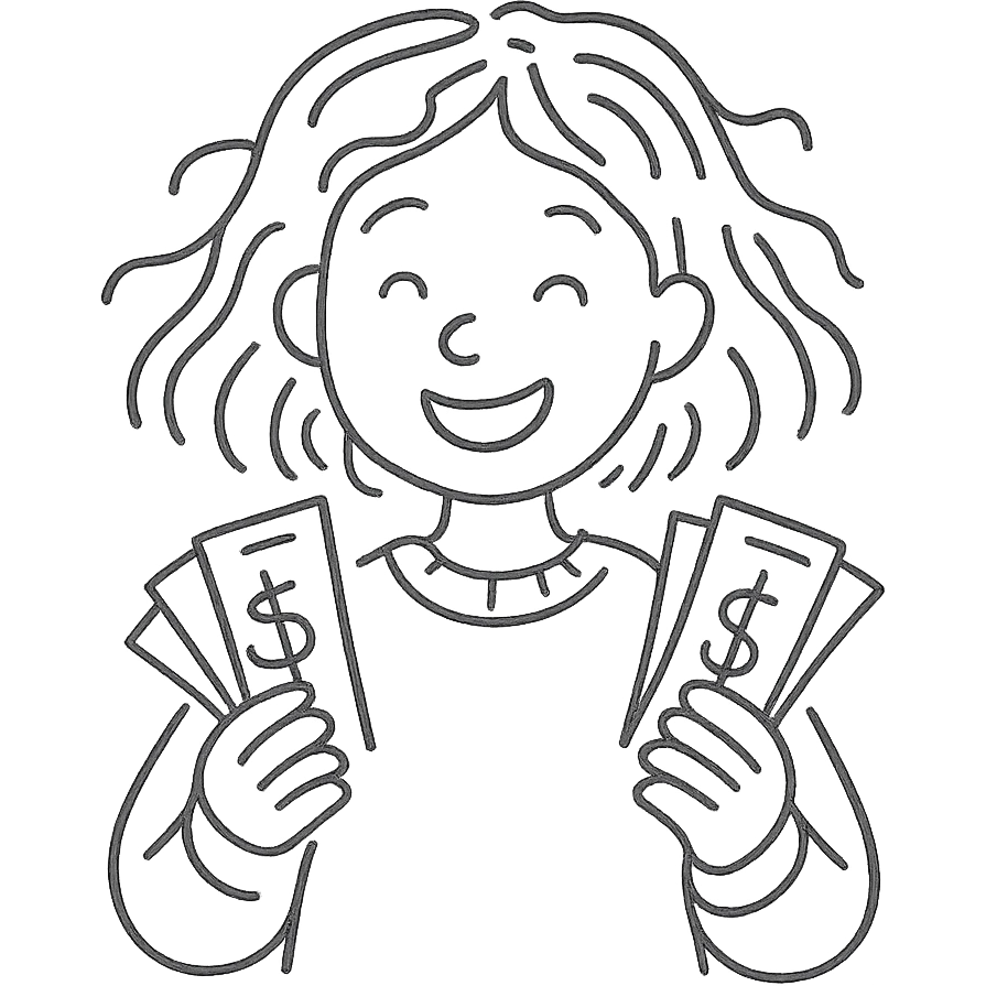 girl with rummy hair in beige sweater happy with money in hands emoji