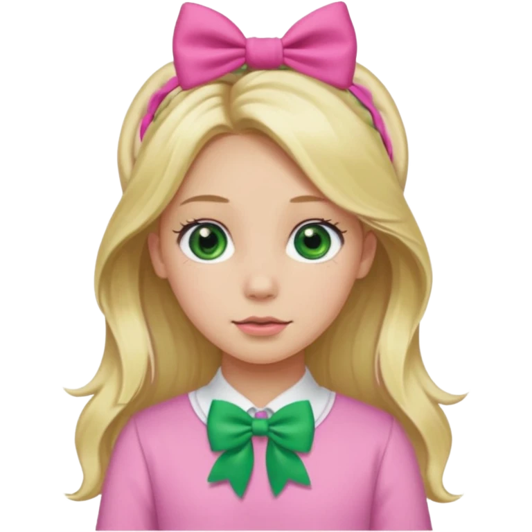 blonde girl long hair middle part, green eyes, pink bow and scrunchie emoji