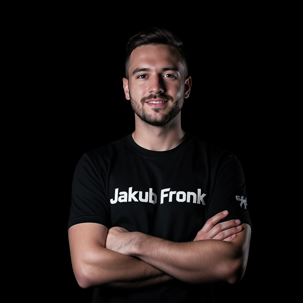 Csgo pro player profile proffesional photo, low key light back light, man standing crossed hands with tshirt with text "Jakub Fronk" black solid background emoji