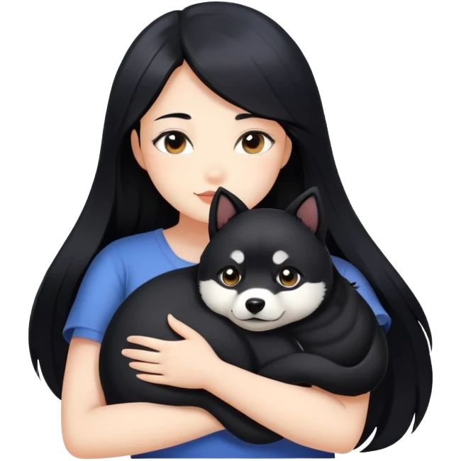 A beautiful girl with long black hair hugs a Black Shiba Inu emoji