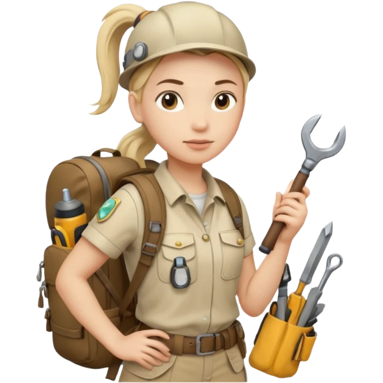 A female explorer with ponytail, backpack full of tools, confident and determined.
 emoji
